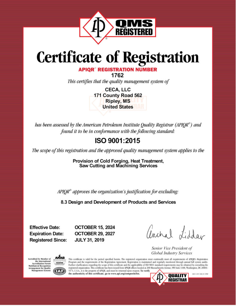 A certificate of registration certifying CECA LLC is in conformance with the ISO 9001:2015 Standard effective October 15, 2024 to October 29, 2027.